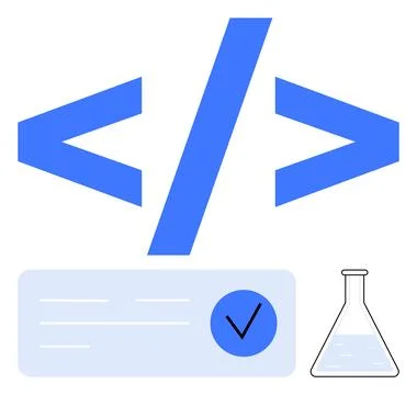 HTML Code Symbol with Verified Checkmark and Laboratory Flask for Developme.. Stock-Illustration