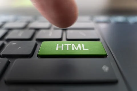 HTML computer language. The writing on button modern of gray laptop. Finger p 스톡 사진