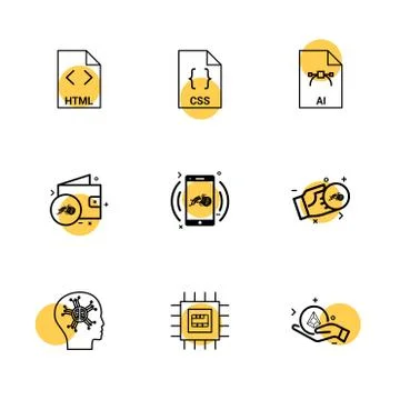 Html , css , ai , wallet, mobile ,crypto currency , money , ic,  brain , 9 ep Illustrazione stock