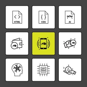 Html , css , ai , wallet, mobile ,crypto currency , money , ic,  brain , 9 ep Stock Illustration