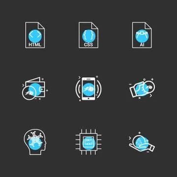 Html , css , ai , wallet, mobile ,crypto currency , money , ic,  brain , 9 ep Stock Illustration
