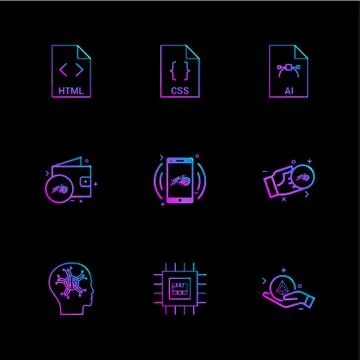 Html , css , ai , wallet, mobile ,crypto currency , money , ic,  brain , 9 ep Illustrazione stock
