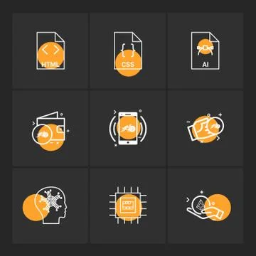 Html , css , ai , wallet, mobile ,crypto currency , money , ic,  brain , 9 ep Stock Illustration