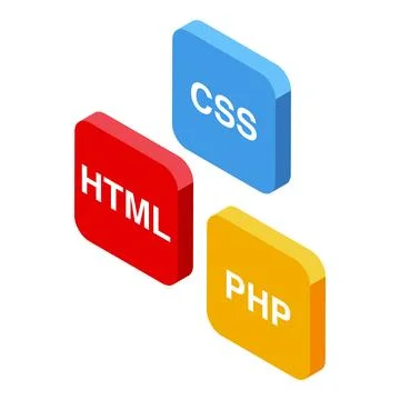 Html, css and php buttons representing front end and back end development Illustrazione stock