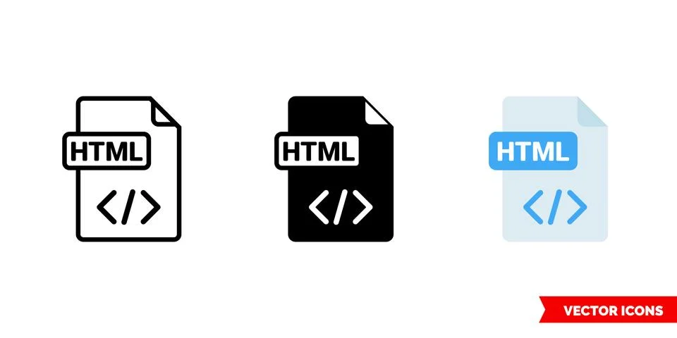 HTML file icon of 3 types. Isolated vector sign symbol. Stock Illustration