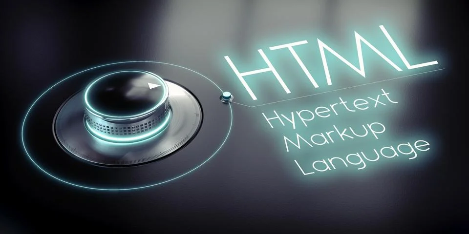 HTML, Hypertext Markup Language - rotary knob and glowing word - 3D illustr.. Ilustração Stock