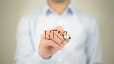 Html,  Man writing on transparent screen 库存照片