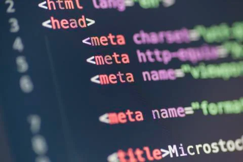 HTML meta tag code on computer screen 스톡 사진