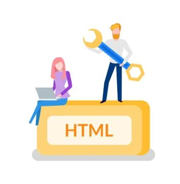 HTML Programming Man Developer with Instrument Stock Illustration