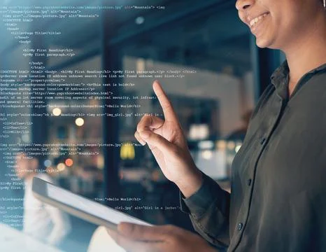 Html, programming overlay and woman on tablet for internet, coding and network Stock-Fotos
