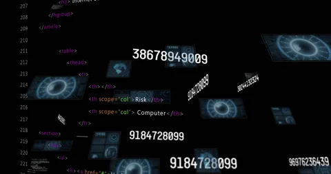 HTML table markup spawning rotating panels with floating numbers showing Stock Footage 314709856
