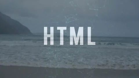 HTML text with digital network animation over ocean waves and distant mountains Stock Footage 305885561