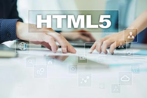 Html5 on virtual screen. Business, technology and internet concept. Photos