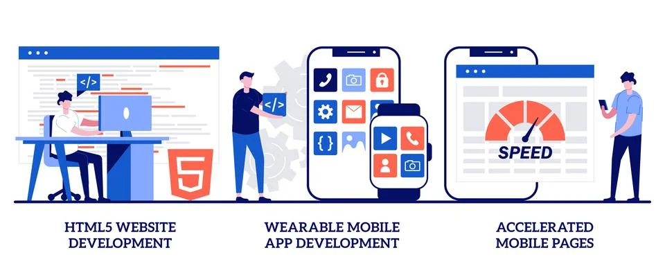 HTML5 website development, wearable mobile app, accelerated mobile pages co.. Illustrazione stock