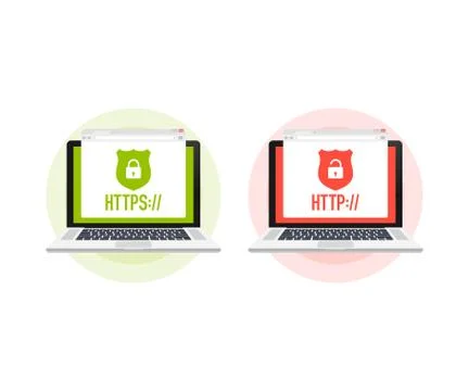 Http and https protocols on shield on laptop, on white background. Vector ill Иллюстрация