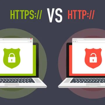 Http and https protocols on shield on laptop, on white background. Vector ill 库存插图