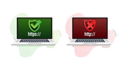 Http and https protocols on shield on laptop, on white background. Vector Иллюстрация