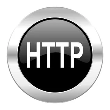 Http black circle glossy chrome icon isolated. Ilustración de archivo