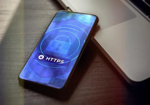 HTTPS 3d illustration with smartphone lying on wood table. Hypertext Transfer Stock Illustration