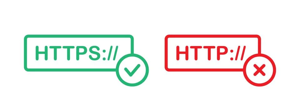 HTTPS and HTTP website connection safety status icon. Red and green web URL.. Illustrazione stock
