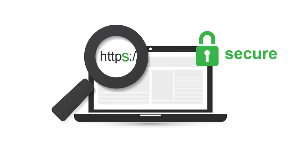 HTTPS Protocol - Safe and Secure Browsing on Mobile Computer - Vector Concept Ilustração Stock