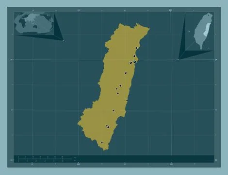 Hualien, Taiwan. Solid color shape. Locations of major cities of the region Stock Illustration