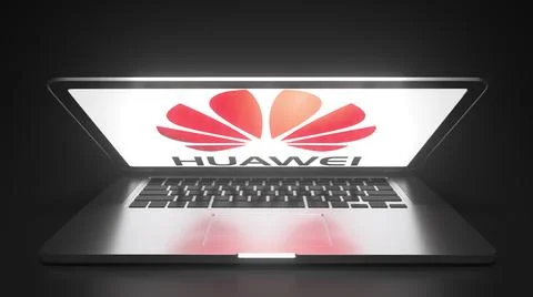 HUAWEI logo on the display of a portable computer, editorial conceptual 3d イラスト素材