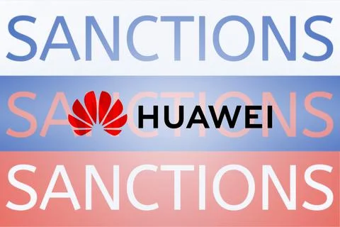 Huawei logo in front of the sanction text on the Russian flag. Fresh sanctions Stock Illustration