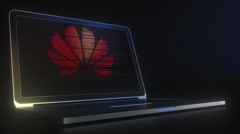 HUAWEI logo made with computer code on the laptop screen. Editorial conceptual Stock Illustration