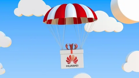 HUAWEI logo on moving box moves under parachute. Editorial loopable 3D animation Stock Footage 122767449