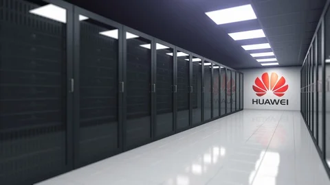 HUAWEI logo in the server room, editorial 3D animation Stock Footage 109643392