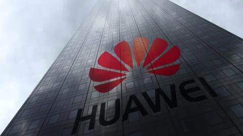 Huawei logo on a skyscraper facade reflecting clouds. Editorial 3D rendering イラスト素材