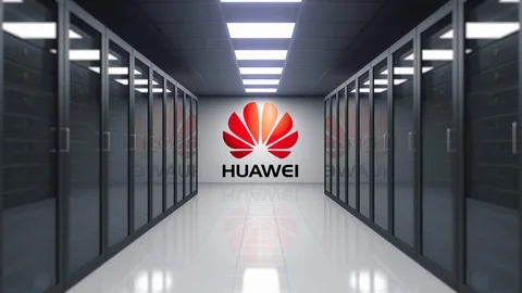 Huawei logo on the wall of the server room. Editorial 3D animation Stock Footage 89702670