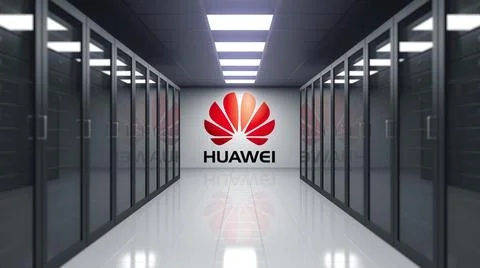 Huawei logo on the wall of the server room. Editorial 3D rendering Stock Illustration