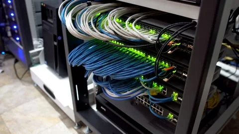 Hub Cable Network Close-up Ethernet Cables Connected to Modem Information and Stock-Footage 334586772