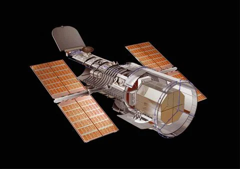 Hubble Space Telescope components diagram isolated on black background. イラスト素材
