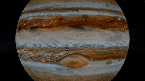 Hubble space telescope flying past the planet Jupiter. Stock Footage 117635287