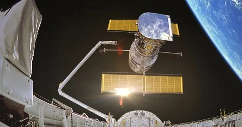 Hubble Space Telescope Release by Space Shuttle Blue Earth Sun Flare Stock Footage 75946311