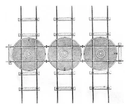 Hubs three parallel tracks and a perpendicular, vintage engraving. Hubs th... Stock-Fotos