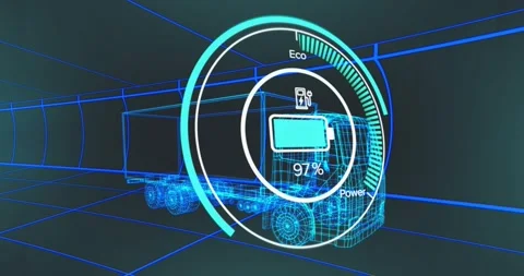 HUD activating animating battery readout rising to 100% then falling, showing Stock Footage 320896459