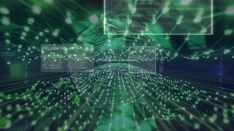 HUD activating, camera panning over green point cloud dome, mesh forming, panels Stock Footage 335651624