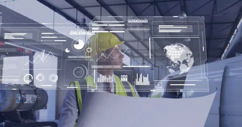 HUD activating, man in yellow hardhat and vest comparing blueprint with van data Stock Footage 333833661