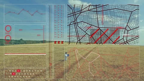 HUD activating over grain field, man walking, pausing while using handheld, Video stock 333902528