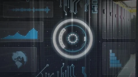 HUD activating over server racks, brightening and rotating rings, charts rising Stock Footage 332731646