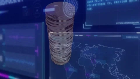On HUD activation, tall translucent token stack rotating clockwise, descending Stock Footage 335651867