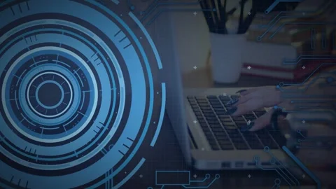 HUD and code overlays appearing, software developer starting typing on laptop Stock Footage 334729064