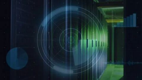 HUD and server racks pulsing after ring pulse, pie and bar charts updating for Stock Footage 332591942