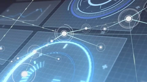 HUD animating on blue grid, node pulsing and sparking lines forming data network 動画素材 333967607