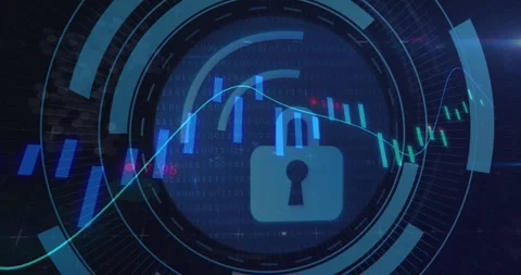 HUD animating center, causing padlock pulsing while teal line and bars updating, Stock Footage 334036367