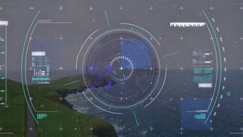 HUD animating over coast, rotating rings and reticle, fading then recomposing, Stockbeeldmateriaal 333221218